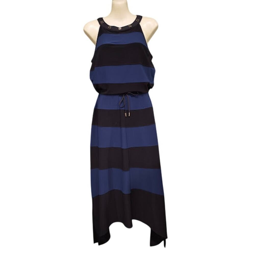 WHBM Sleeveless Dress with Drawstring Waist and Metal Detail, Blk Blu, Sz XS NWT